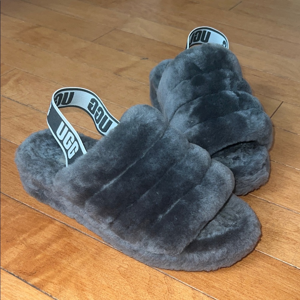 UGG Charcoal Fluffy Slides